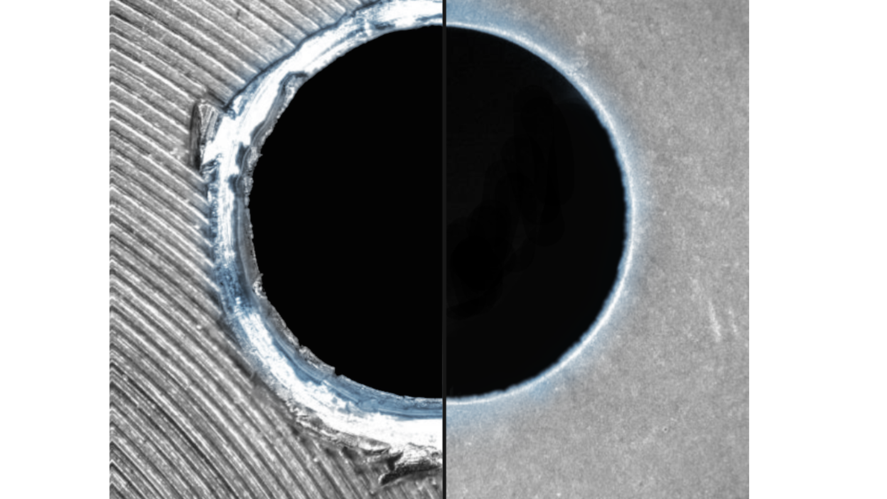View of a drill hole before and after Chemical Deburring